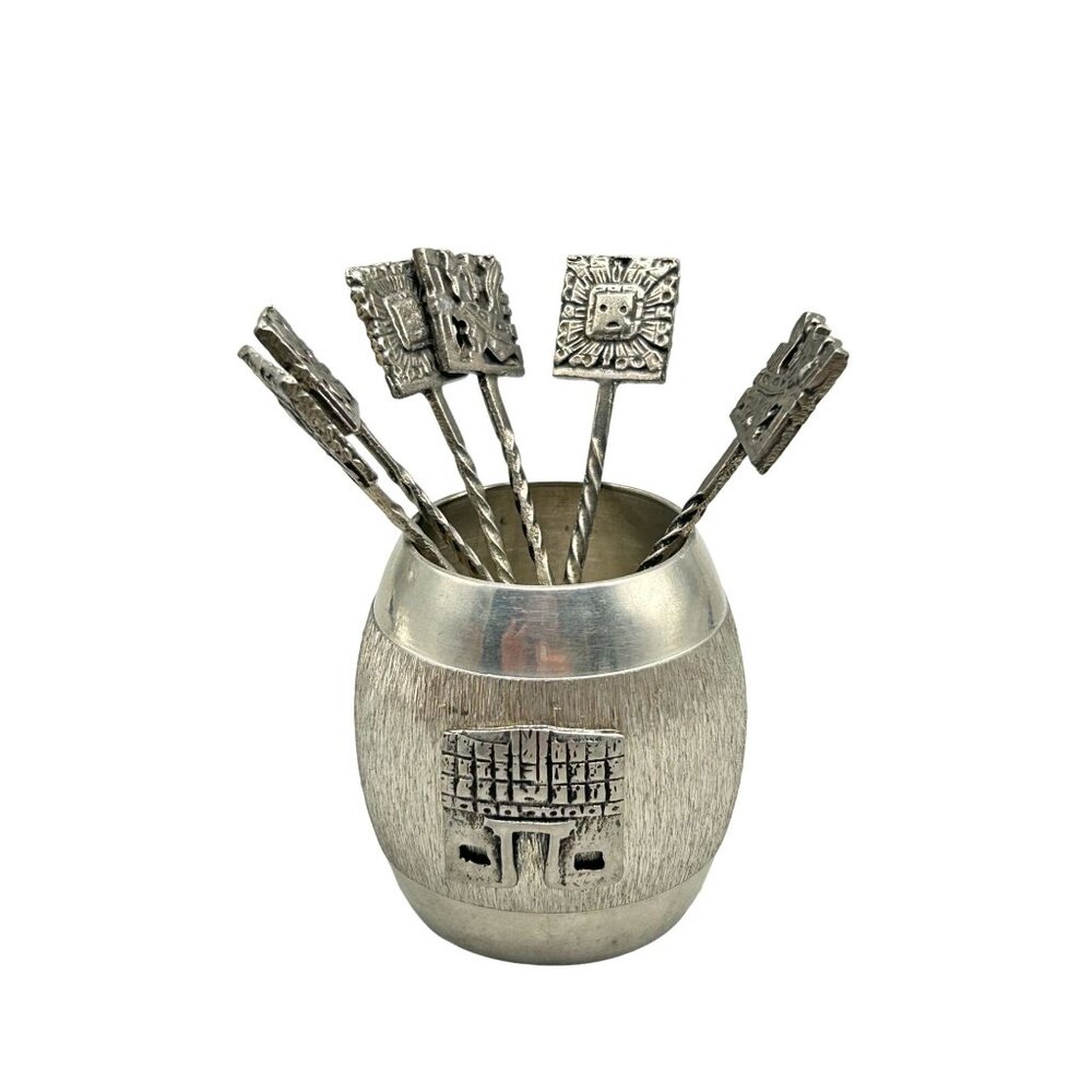 Vintage Carsu Bolivia Cocktail Picks Set with Barrel Holder 6 Picks Reusable